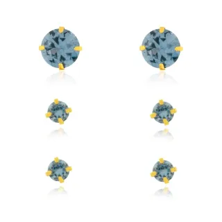 Trio de brinco de ouro 18k pedras azuis 6 e 3mm três furos