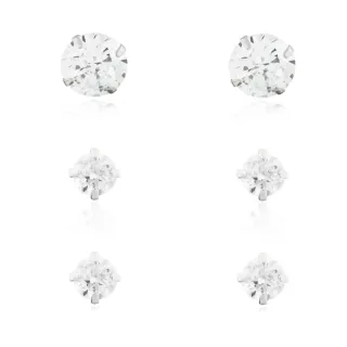 Trio de brinco de ouro branco 18k pedra 6 e 3mm