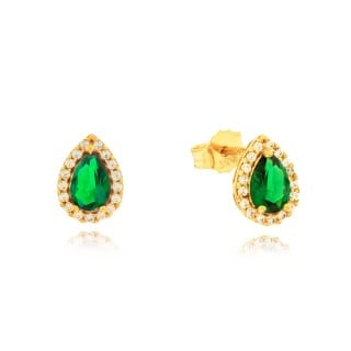 Brinco de Ouro 18k gota verde cravejada de zircônias